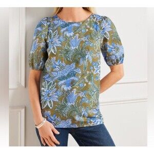 Talbots Puff Sleeve Tie Back Top 100% Cotton Green Blue Floral - Medium